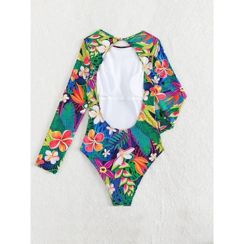 New Sexy One-Piece Printed Long Sleeve round Neck Bikini Women's Swimsuit Sun Protection Backless Slimming Swimwear