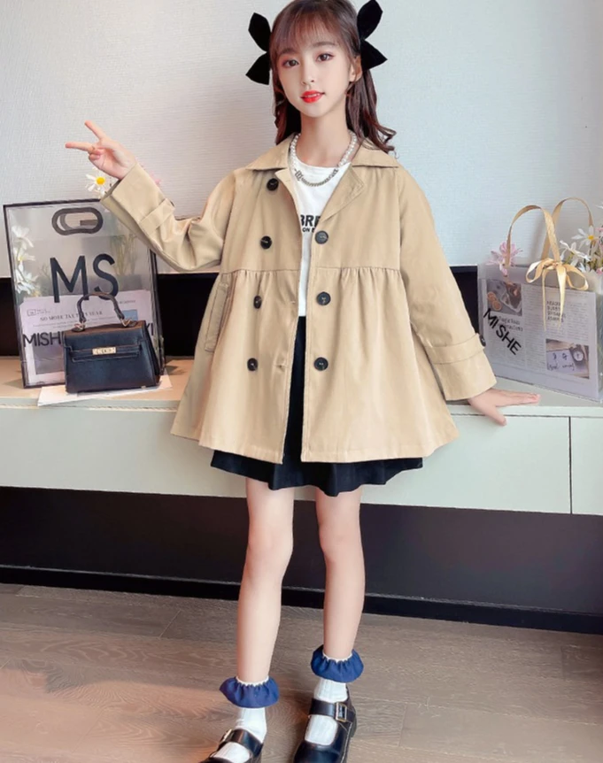 ملابس خارجية للفتيات للربيع والخريف النسخة الكورية سترة واقية كاكي مزدوجة الصدر مع مزاج عصري وأنيق #4