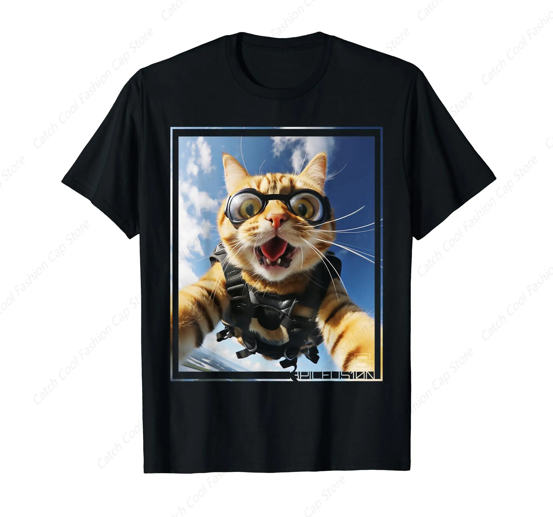 Funny Cat Selfie Skydiving T-Shirt for Men Clothing Tops Tee Vintage 100% Cotton Short Sleeve Summer Gift for Friends Sports