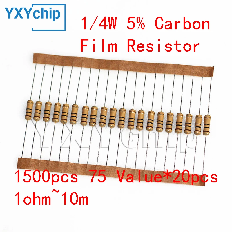 1500pcs 1/4w Carbon Film Resistor Kit 75 Value*20pcs 1ohm~10m 0.25w Resistor Kit With Box