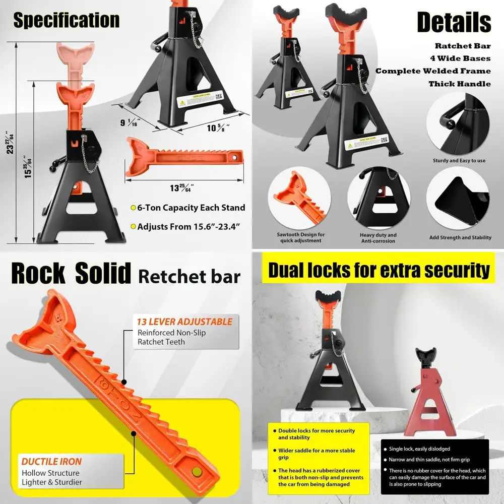 

Подставки для подъема автомобилей, регулируемые, 6 тонн, диапазон 15,6-23,4 дюйма, двойной замок, с резиновыми накладками, для домашнего гаража