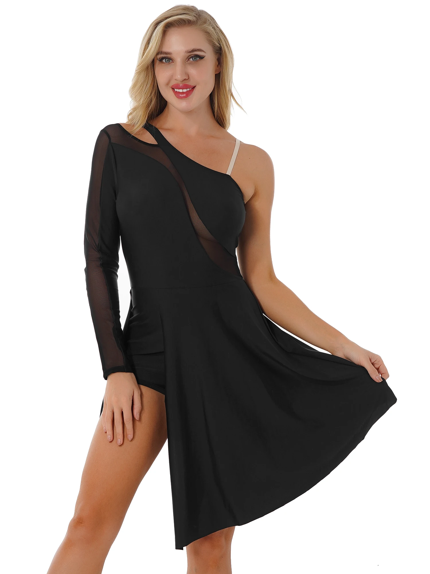 Women Modern Lyrical Dance Dress Sheer Mesh One Shoulder Ballet Figure Skating Costume Split Asymmetrical Hem Leotard Dresses