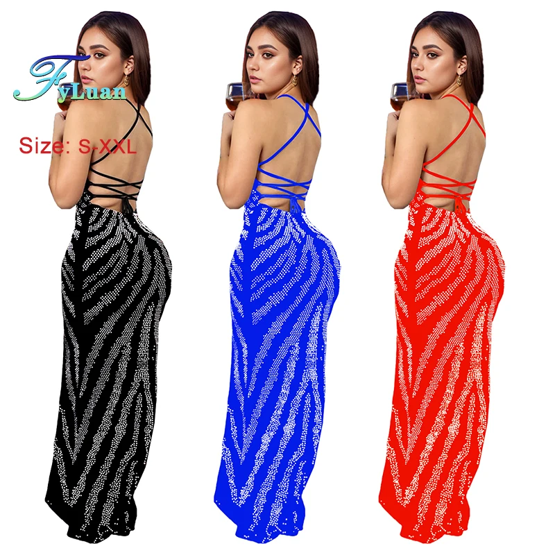2025 Venta caliente NewWomen Spaghetti Strap vestido largo sin hombros conjunto sin espalda con diamantes ajustado vestido de noche de cumpleaños