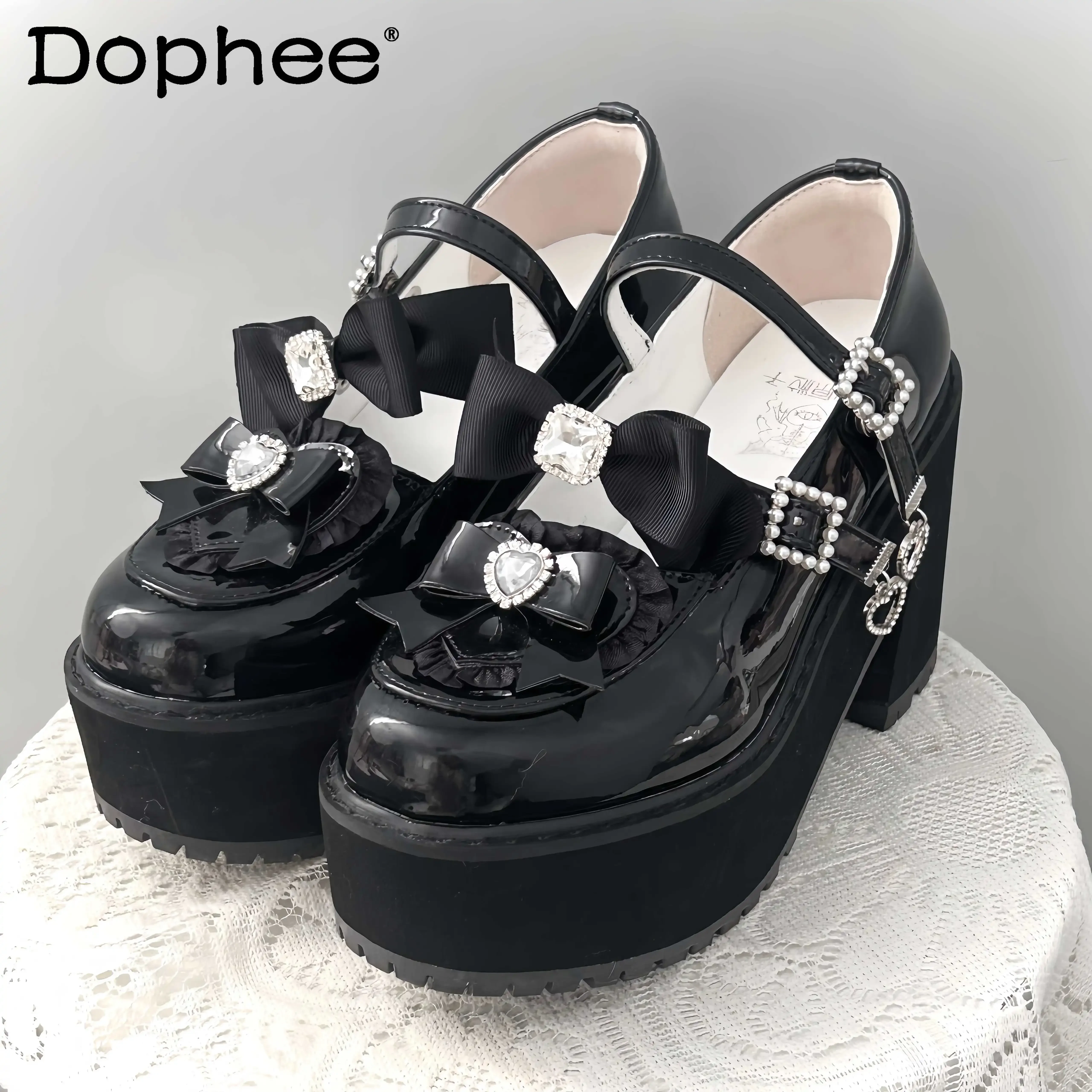 

Japanese Mine-Style Platform Shoes Asian Culture Black White Loafers for Female Students Rhinestone Bow JK Uniform Shoes Pumps