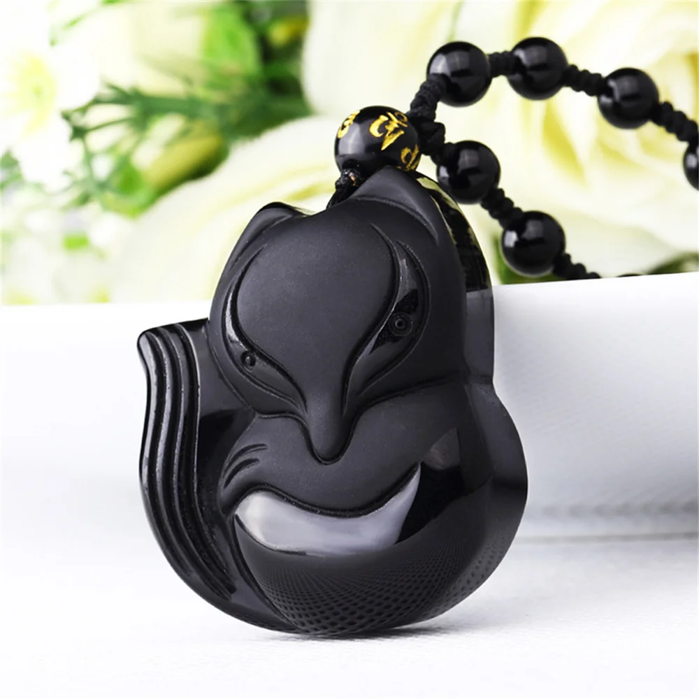 

Chinese Handwork Natural Black Ice Obsidian Carved Cute Fox Blessing Lucky Pendant Amulet Beads Necklace Trendy Gift Jewelry