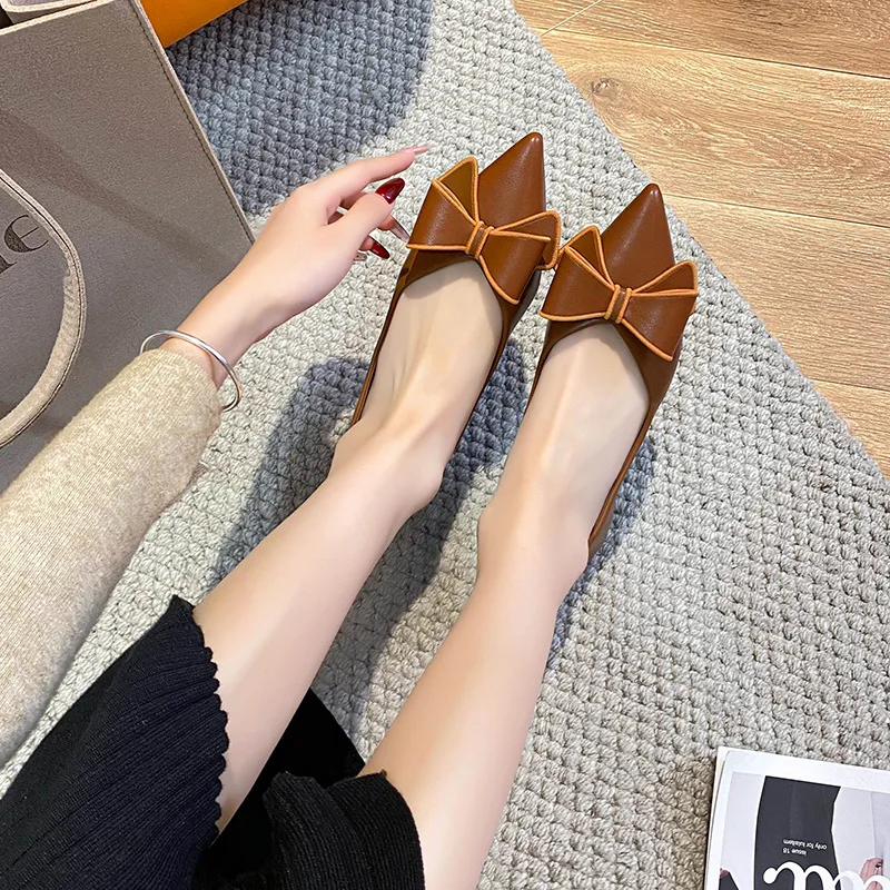 

French-style Pointed-toe Flat Shoes for Women 2025 New Bow-knot Shallow Mouth Casual Boat Shoes Plus Size 43 Zapatos De Mujer