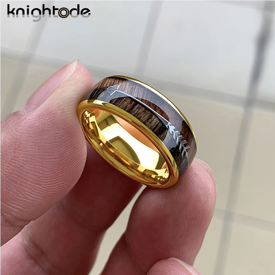 8mm Fashion Tungsten Carbide Wood Rings Steel Arrow Inlay For Men Women Classic Engagement Ring Dome Band Polished Comfort