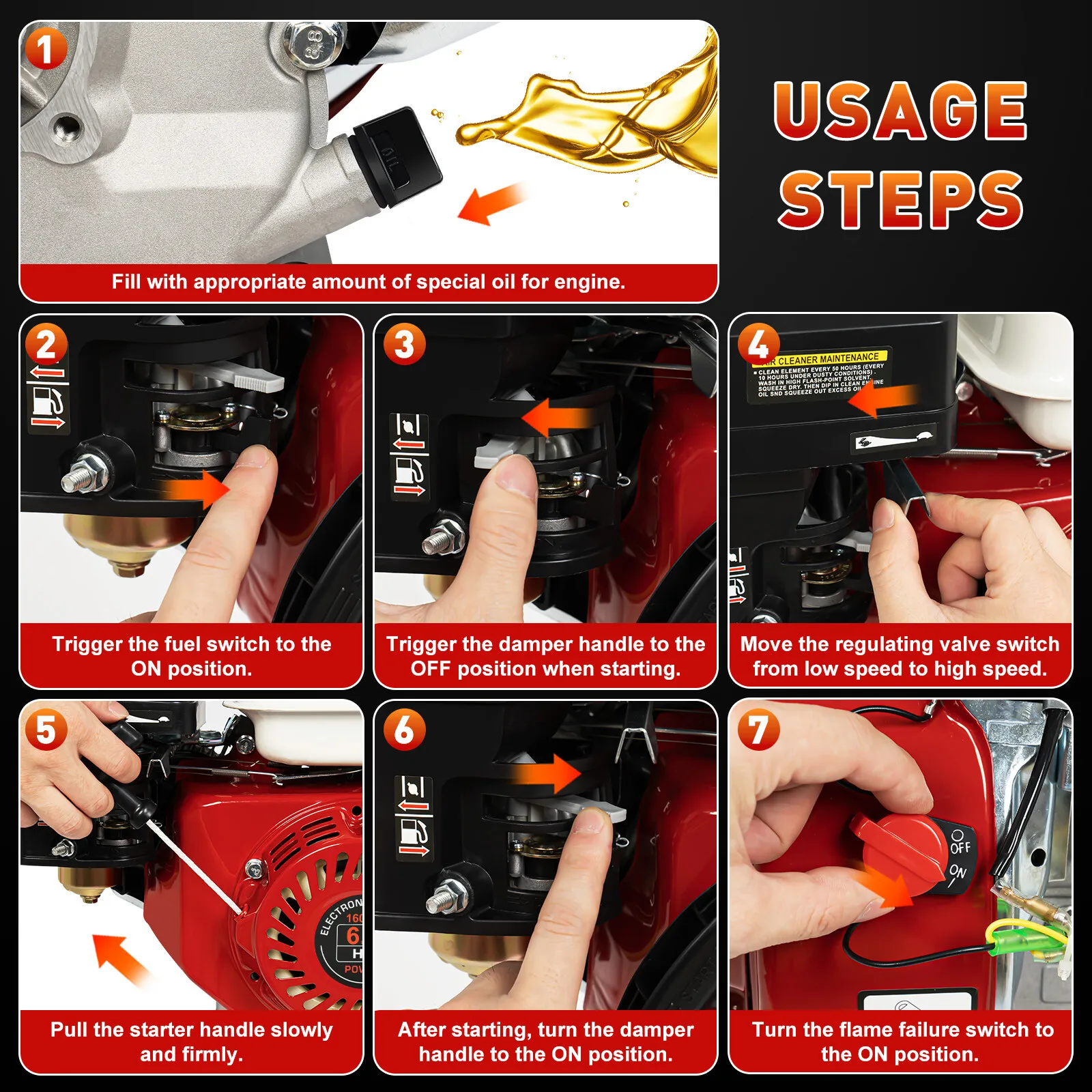 Cilindro singolo raffreddato ad aria OHV per motore a gas a 4 tempi per Honda GX160 6.5HP 160cc Rosso GE-1001