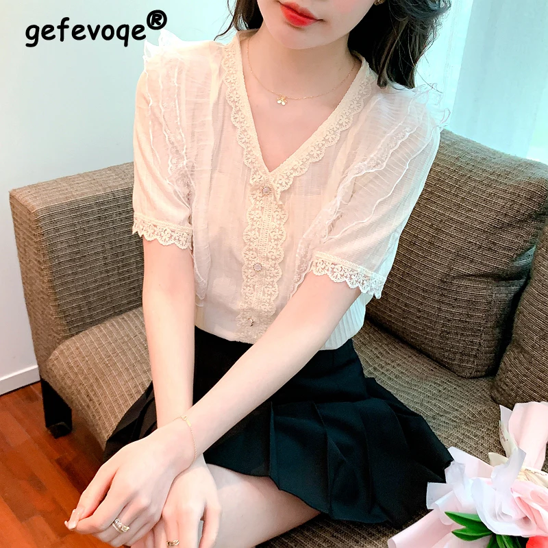 2024 Summer Women French Style Lace Patchwork Sweet Chic Blouse Elegant Ruffle V Neck Short Sleeve Shirt Casual Solid Loose Tops