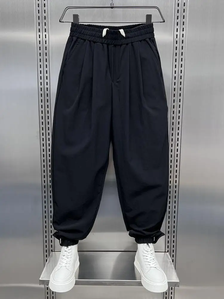 

Мужские летние брюки свободного кроя из ледяного шелка, быстросохнущие, с манжетами, в американском винтажном стиле, повседневные, укороченные (до щиколотки), очень большого размера