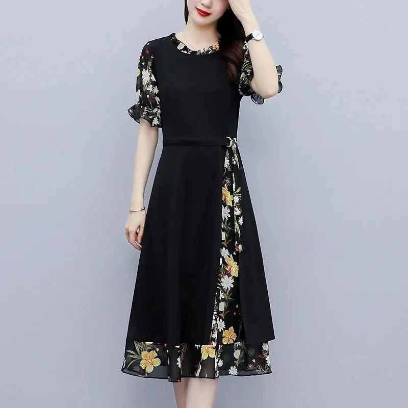 2024 Empire Patchwork Mid-Calf Pullover Womens Clothing O-Neck Office Lady Summer Dignified Dresses Woman New Korean Popularity