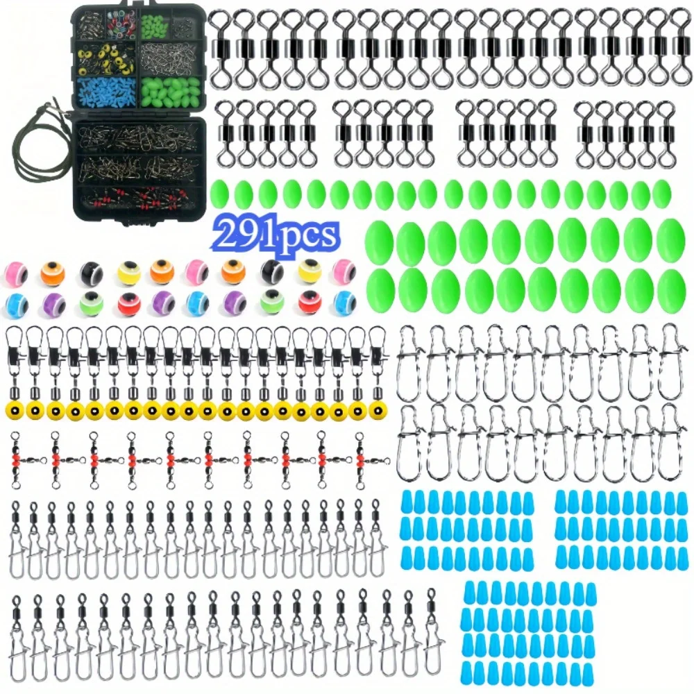 291 шт., комплект поворотных застежек для рыбалки, включает вертлюги с шарикоподшипниками, 3-ходовые тройные поворотные соединительные зажимы, рыболовные бусины, рыболовные снасти