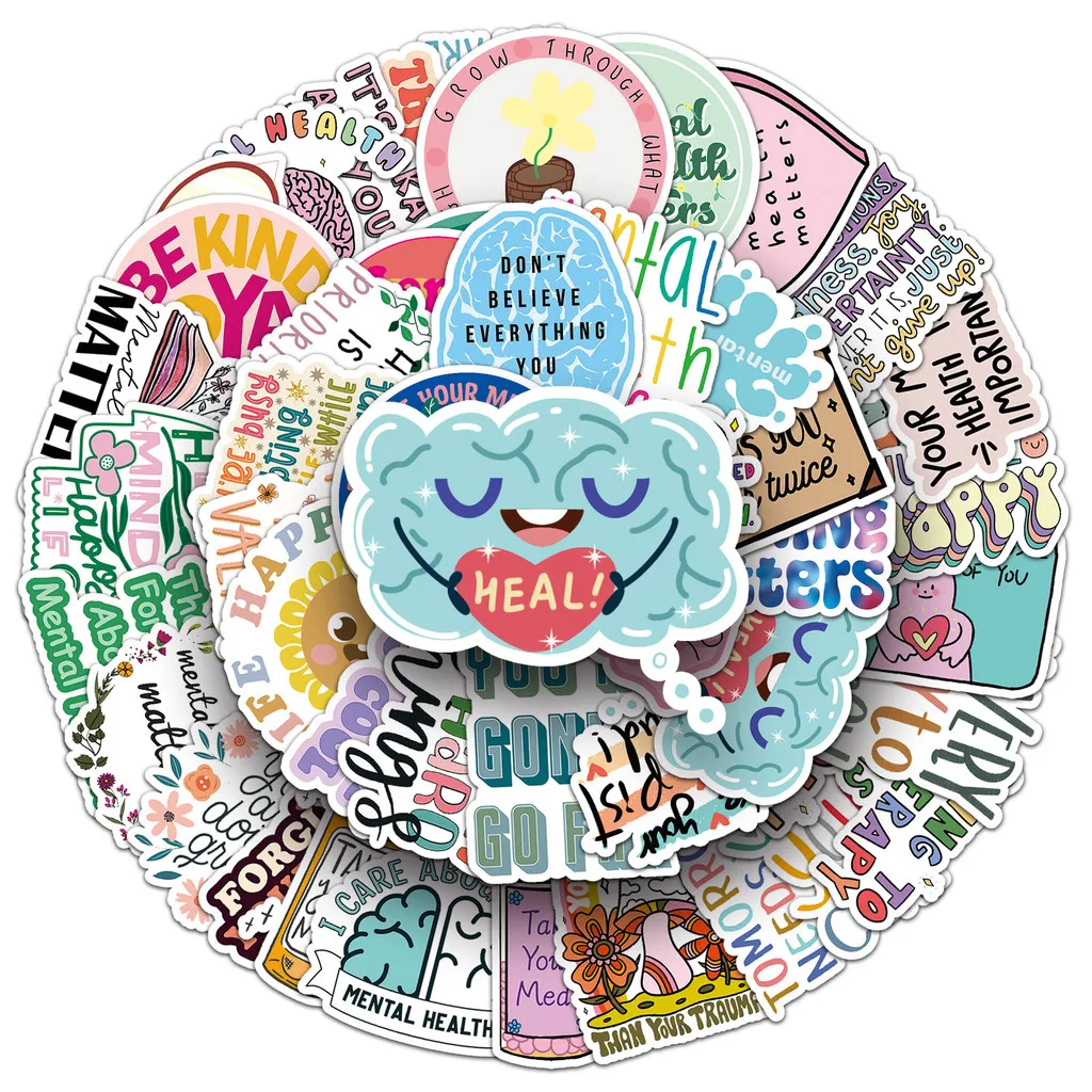 50 قطعة من ملصقات مجلة الصحة العقلية - جرافيتي نصية إنجليزية إبداعية ملهمة، مقاومة للماء، مثالية (متجر Anime Worlds)