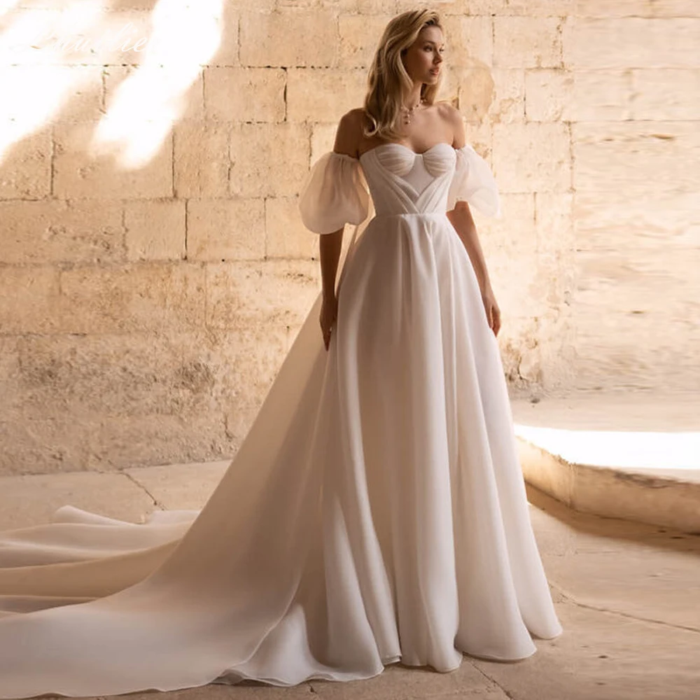 

Lhuilier Индивидуальные трапециевидные свадебные платья без бретелек с пышными рукавами, свадебные платья со шлейфом часовни