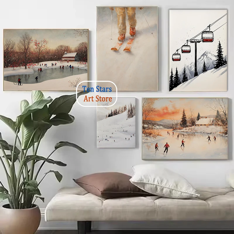 Winter Sports Ice Skating Skiing Ski Hill Victorian Vintage Winter Holiday Poster Canvas Painting Wall Pictures Home Room Decor