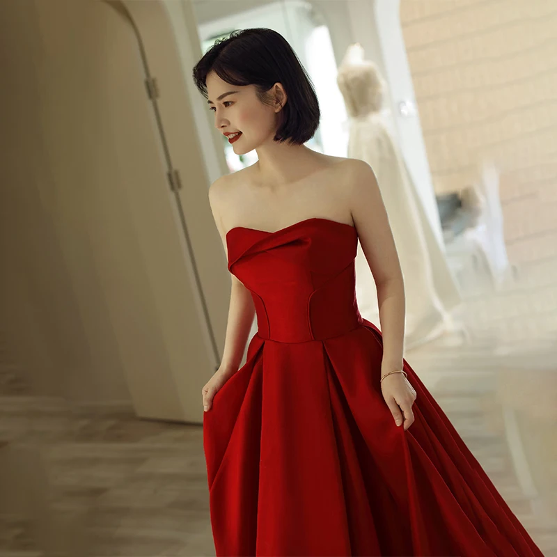 New Red Satin Wedding Dress Strapless Sleeveless Floor-length Vestido Fashion Elegant Vintage Formal Evening Dresses Customized