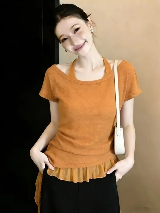 

Женская футболка больших размеров, летняя, новая модель, с асимметричным вырезом, коротким рукавом, из чистого хлопка, в корейском стиле, приталенный крой