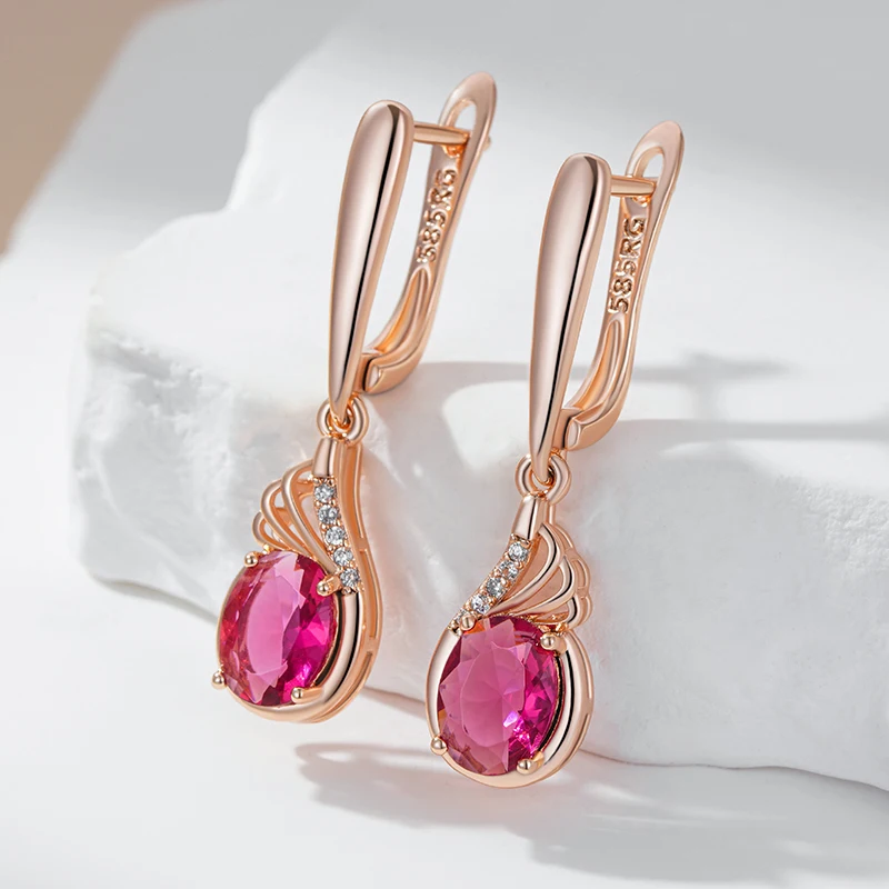 Kinel Shiny Red Oval Natural Zircon Drop Earrings for Women Fashion 585 Rose Gold Color Vintage Wedding Party Fine Daily Jewelry