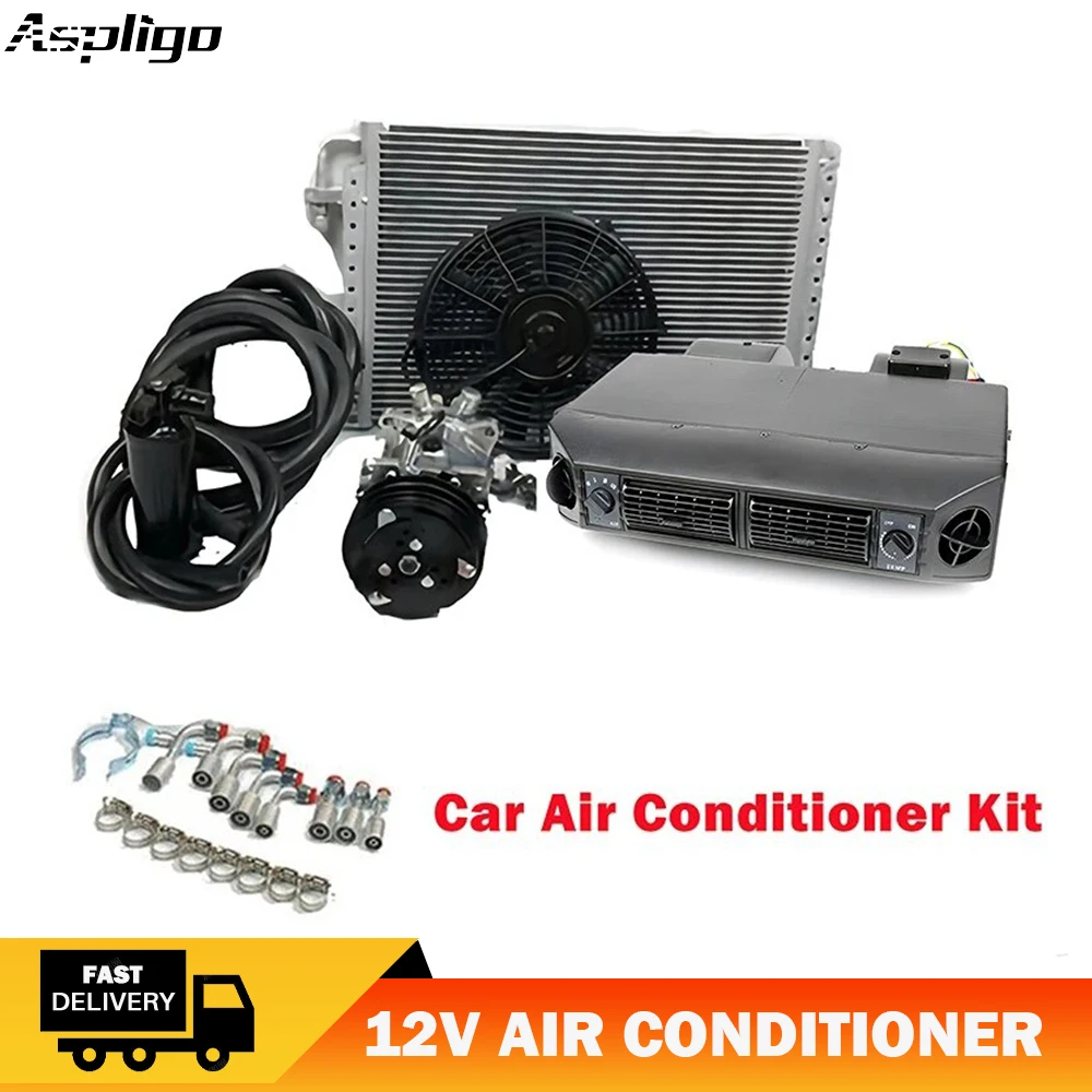 Aspligo 12V 24V Universal Automotive Air Conditioner Set Heat and Cool Air Conditioning for Truck RV Tractor Motor home Camper