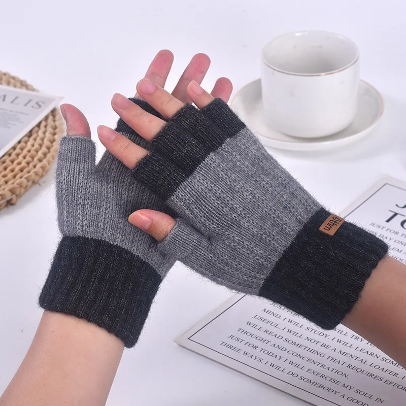 Winter Half Finger Gloves Knitted Warm Fingerless Gloves Patchwork Color Typing Driving Outdoor Thermal Mittens For Men Women