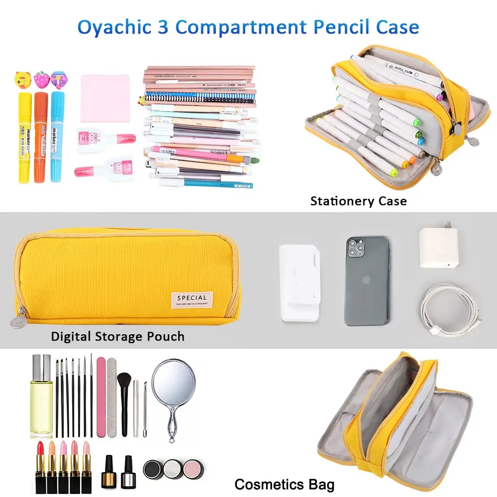 Pencil Case Large Space Storage 3 Compartment Pouch Double Side Opened Student Stationery Desk Organizer School Supplies view 4