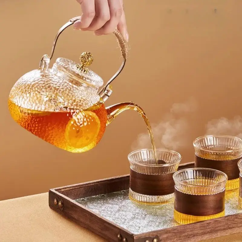 GIANXI Glass Teapot Set Chinese Home Large Capacity Receive Guests Kung Fu Teapot Set Hammer Design Woven Hemp Rope Beam Tea Pot