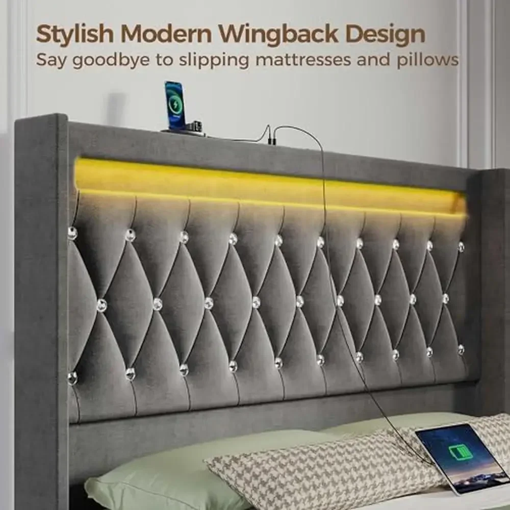 Upholstered Velvet Twin Bed Frame with RGB LED Light Charging Station High Headboard & Footboard Wood Slats Noise Free Easy