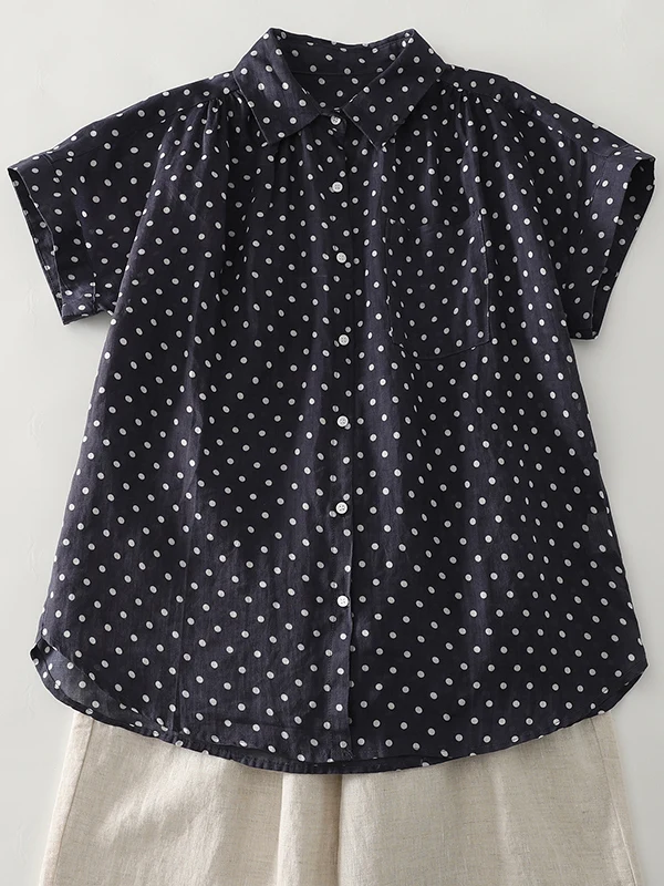 

Summer Casual Cotton Linen Polka Dot Soft Top Breathable Thin ort Sve irt Pleated ket Design irt Loose Fit Flip C...