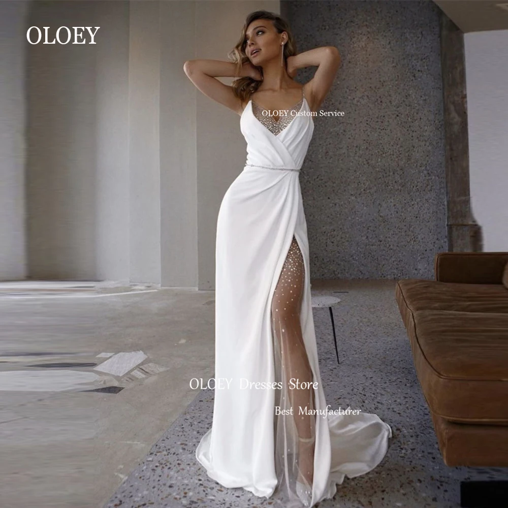 

OLOEY Sparkly Beach Wedding Dresses Spaghetti Straps Beads Sequins Split Women Bridal Gowns Robe de mariage Formal Party Dress