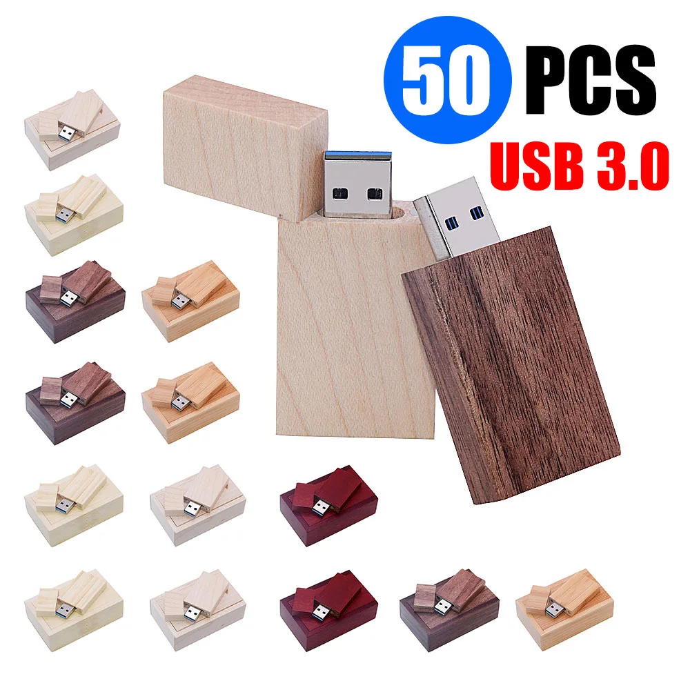 50PCS/LOT USB 3.0 Flash Drive 128GB Free Customer Logo Memory Stick 64GB Wooden Box Pendrive 32GB8GB Real Capacity Bamboo U Disk