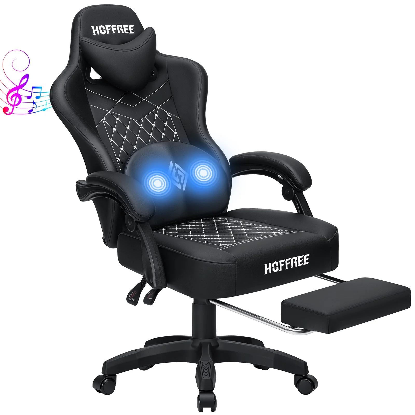 Silla de cuero para juegos con reposapiés, Altavoz Bluetooth, función Dual, masaje, altura ajustable, reclinable, ordenador, silla de oficina, sofá
