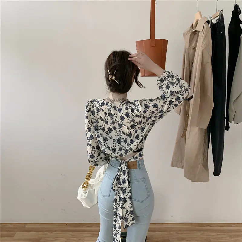 Elegan V-Neck Stylish Waist Shirt Bandage Spring Autumn Vintage Broken Flowers Female Clothing Commute Slim Long Sleeve Blouse