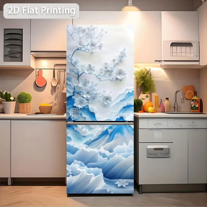Refrigerator Sticker, Chic Mountain, River, and Floral Scene Themed Design, Self-Adhesive Wall Decal Wallpaper, Suitable for C
