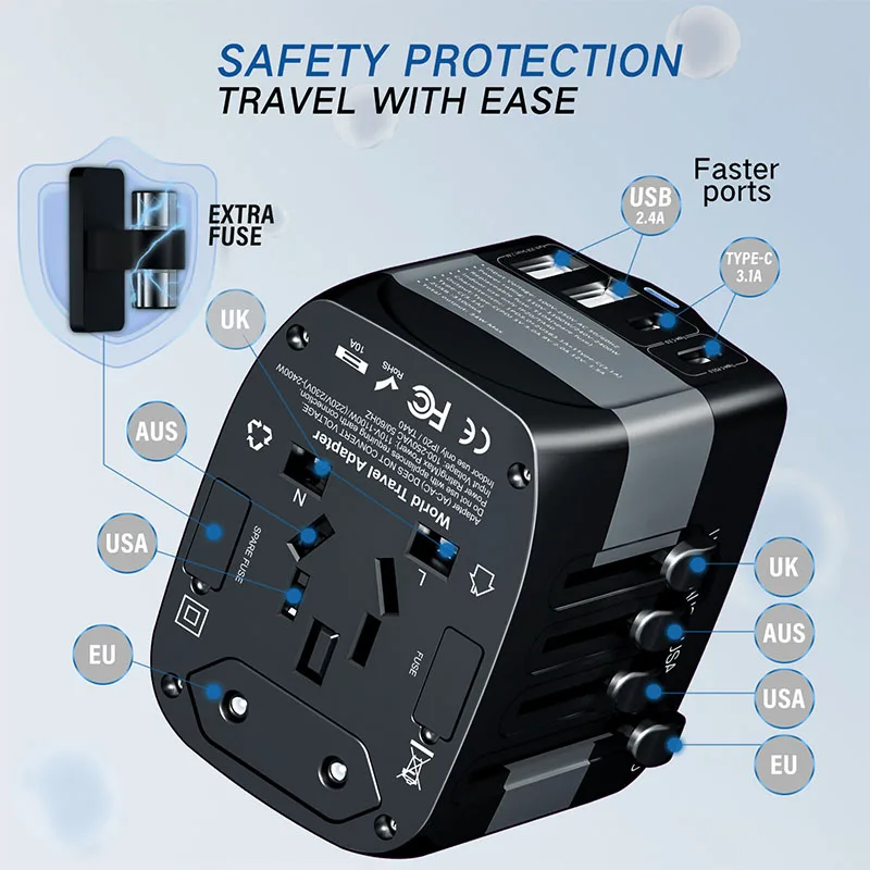 Imagem -06 - Plugue Universal Viagem Todos os Adaptadores Carregador com ue Eua Reino Unido Plugue au tipo c Adaptador de Carregamento Soquete 2023