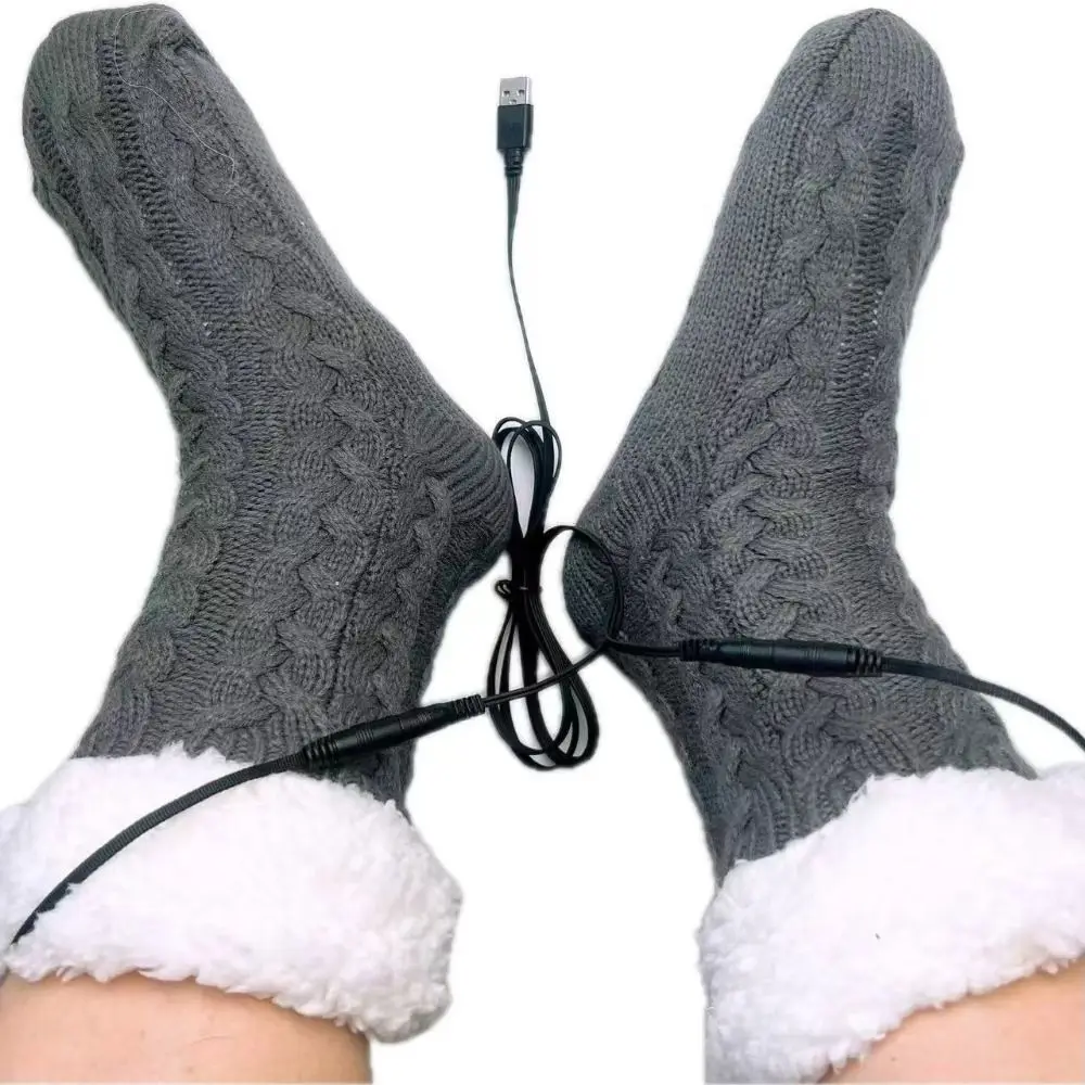 Comfortable 5V 2A Electric Heated Socks USB Powered Anti-Slip Sole USB Heating Socks Knitted Fabric Foot Warming Socks Winter