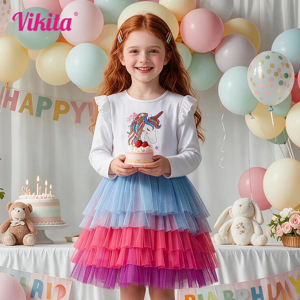 VIKITA Children Clothes Girls Unicorn Sequined Appliqued Long Sleeve Princess Elegant Dress Kids Layered Mesh Tulle Tutu Dresses