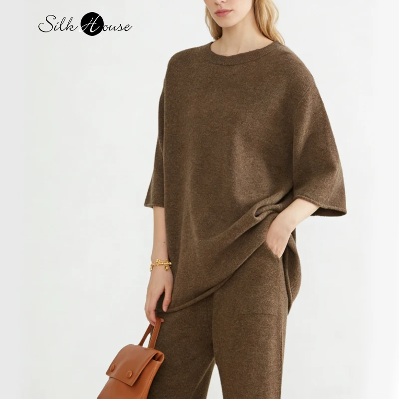 

2025 Women's Autumn/Winter New 100% Merino Wool Lazy Style 26 Leg Curled Round Neck Three-quarter Sleeve Knitted Sweater