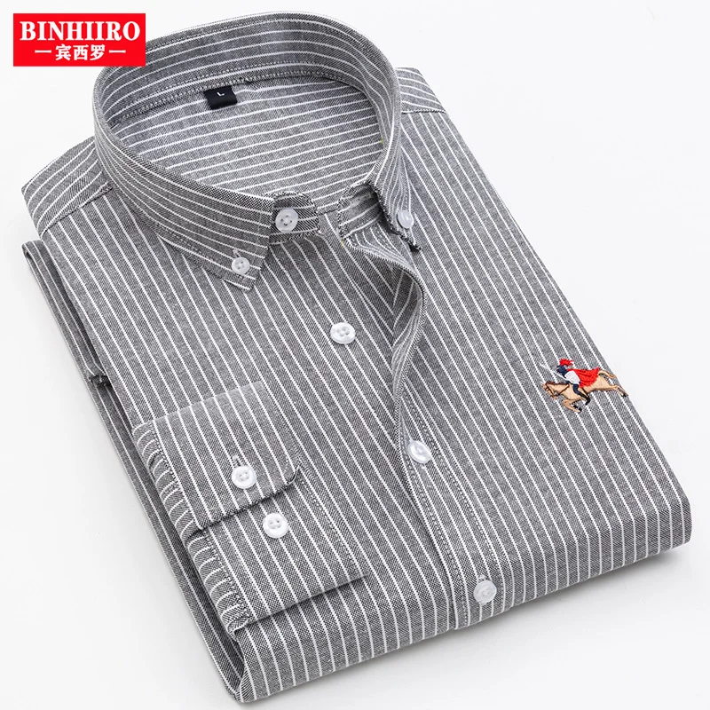 

BINHIIRO Cotton Oxford Shirt For Mens Long Sleeve Striped Embroidery Casual Shirts Pocket Regular-Fit Button-Down Work Men Shirt