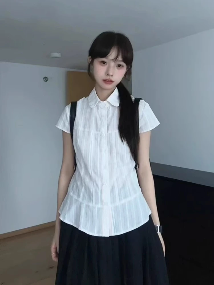 Y2k Aesthetic Sweet Turn Down Collar Women Blouse Vintage Single Breasted Blusas Preppy Style Fairy Summer Bodycon Grunge Tops