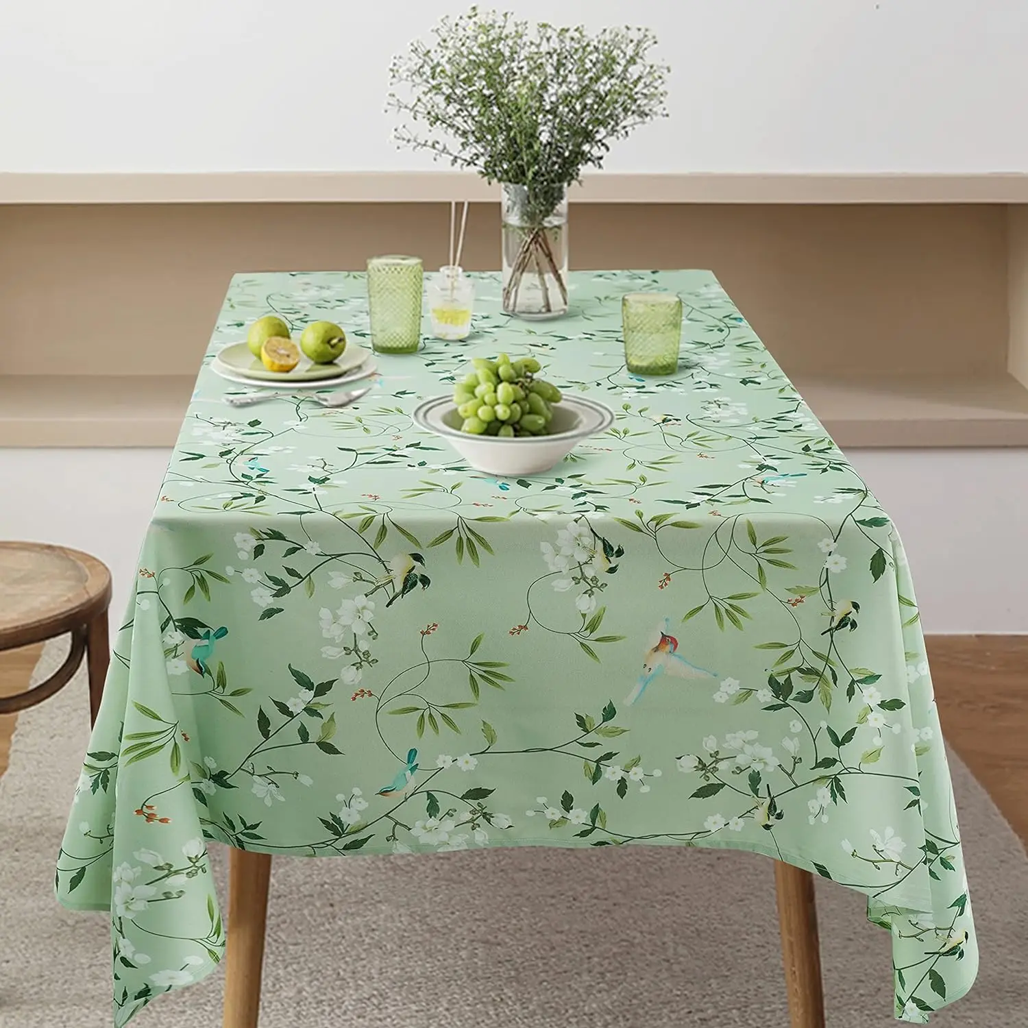 Green French Flower and Bird Floral Print Rectangular Dustproof Coffee Table Living Room Outdoor Picnic Party Table Cover