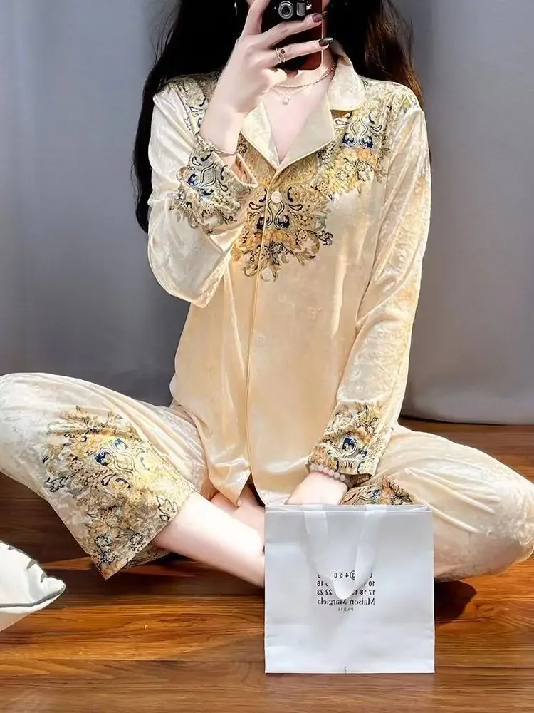 Floral Golden Velvet Pajama Sets Women Long Sleeve Cardigan Pants Sleepwear Homewear Luxury Vintage Nightwear Two-piece Set