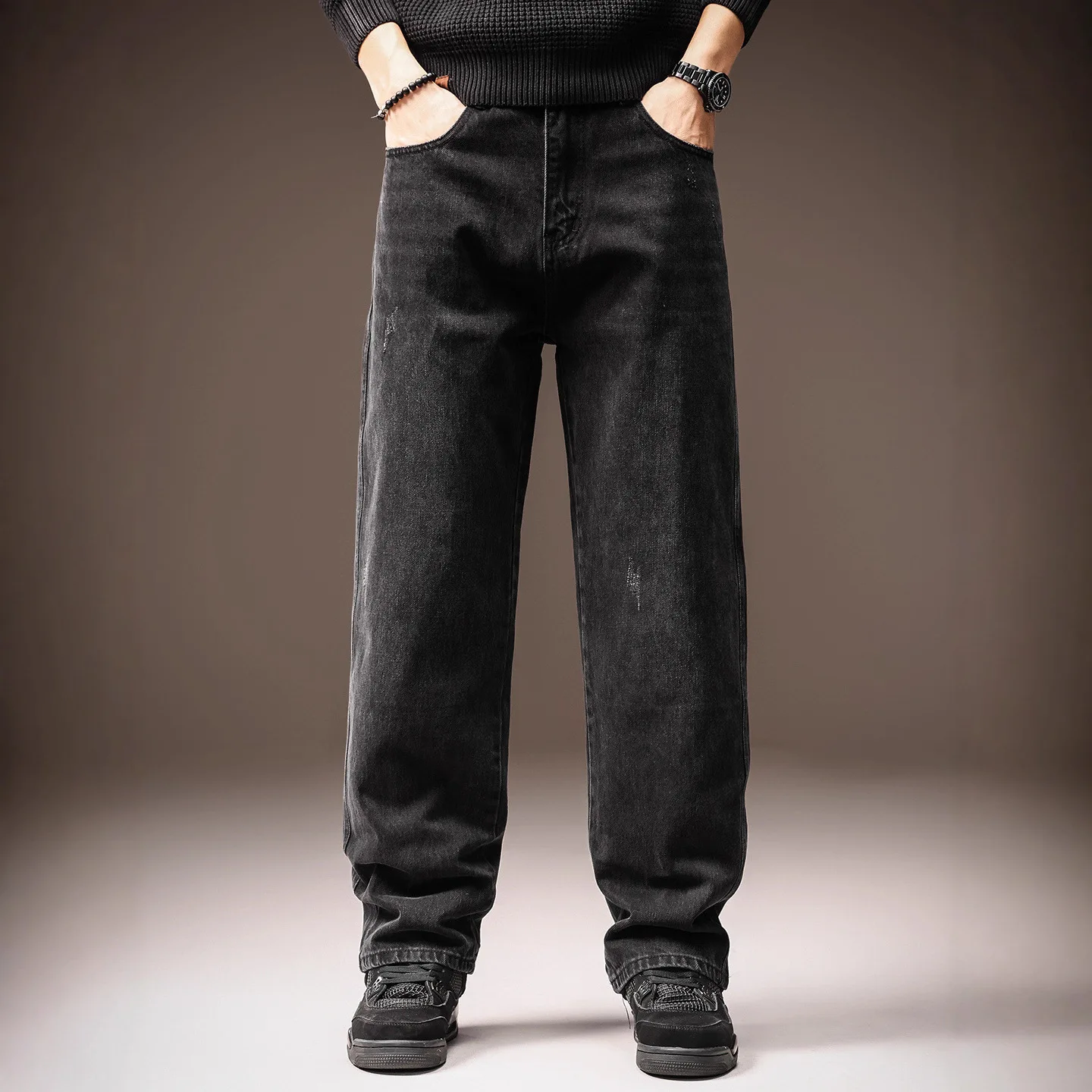 American Vintage New Fashion Men Black Solid Color Straight Simple Basic Loose Daily Denim Trousers Male Jeans Pants Clothes