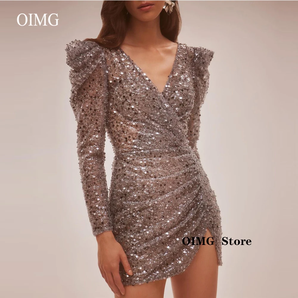 2023 Sparkly Glitter Short Evening Party Dresses V Neck Long Sleeves Mini Fashion Prom Cocktail Night Gowns