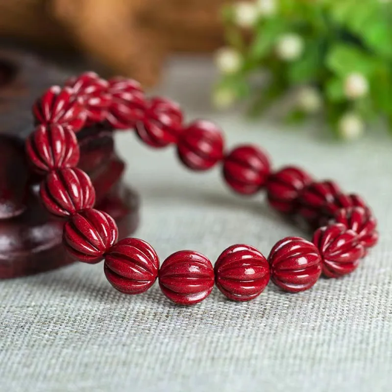 

Natural Cinnabar Bracelet Pumpkin Style Beaded Bracelet Couple Bracelet for Peace Gifts