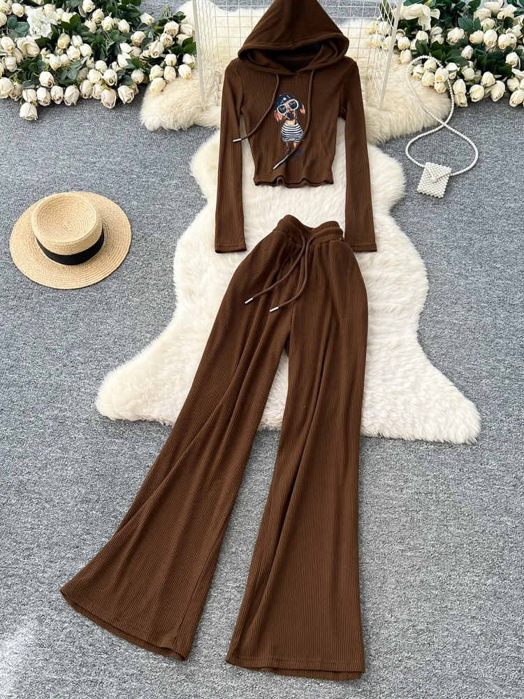 Set da donna in due pezzi lavorato a maglia drappeggiato a vita alta con cappuccio stampato ort Top pantaloni a gamba larga Autunno Inverno Faion Ensemble