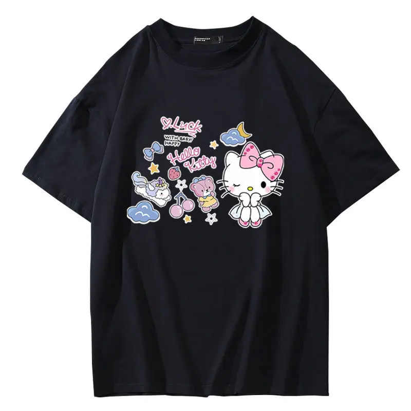 Anime Cartoon Hello Kitty Pattern Adult T-shirt Summer Breathable Short Sleeved Women's Fashion Casual Top Cosplay Costume