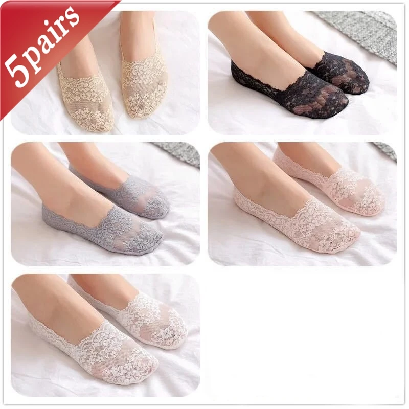 

5 Pairs Women's Socks Set Summer New Lace Simple Versatile Fashion Ankle Socks Shallow Mouth Silicone Anti Slip Invisible Socks
