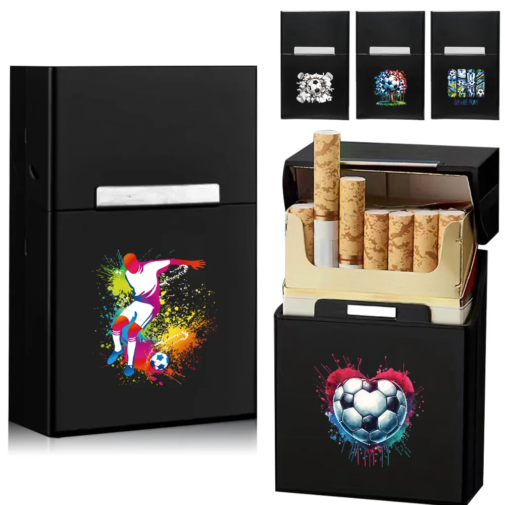 Matte Black Flip Open Cigarette Case Pressure Resistant  Cigarette Holder Lightweight Pocket Smoking Accessory Soccer Pattern