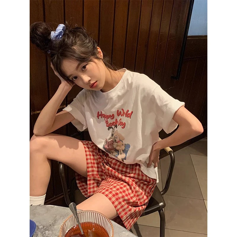 Cartoon Print Short Sleeve Women's T-shirt Korean Style Loose Fit Cotton Pure Summer Fashion Casual round Neck Top