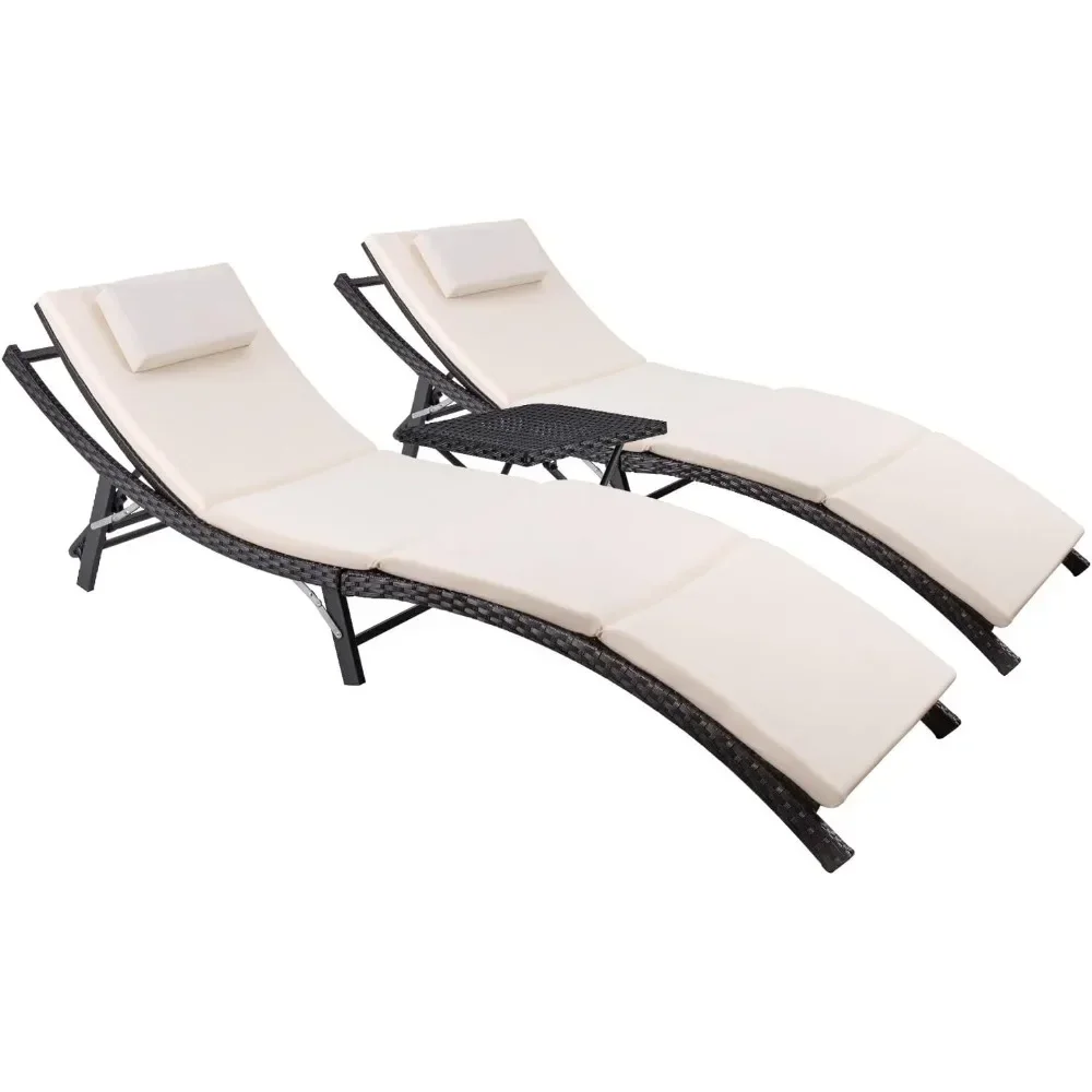 Chaise longue pliable en rotin avec table pliante, ensembles de chaises longues d'extérieur,